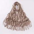 Thick winter cashmere scarf in elegant camel beige with fringe trim and quality label - Long Style / Khaki (CW00-37)