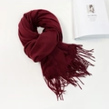 Detail of burgundy pashmina scarf with long fringes and soft knit texture on white background - 74.8*27.5inch / Burgundy