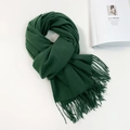 Close-up of dark green cashmere-like shawl featuring soft knit texture and fringe details - 74.8*27.5inch / Dark Green