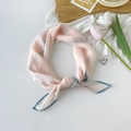 Elegant light pink square silk scarf with blue striped edges and minimalist floral decor - Light Pink