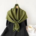 Olive green crinkled square scarf in faux cotton linen tied over black clothing - Large / Olive Green