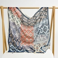 Blue and orange paisley printed thin square scarf hanging on a wooden stand - 105*105cm / Vintage Rhombus