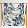 Blue floral paisley printed square silk scarf displayed on a wooden hanger - 105*105cm / White Blue Porcelain