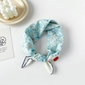 Detail of cotton silk square scarf featuring blue hand-drawn tea motifs and red hearts - Striped Blue