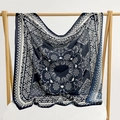 Elegant navy blue paisley floral square scarf hanging on wooden hanger with tassels - 105*105cm / Navy Antique Flower