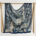 Blue and white paisley floral patchwork shawl hanging on a wooden hanger scarf - 105*105cm / Blue White Brocade