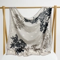Elegant off-white square shawl scarf with black floral print and delicate wavy edges - 105*105cm / Ink Floral Yarn