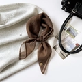 Solid deep brown organza silk scarf with an elegant gold metal pendant accent - 64x64cm / Brown
