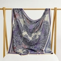 Purple and grey paisley print square scarf in silky fabric hanging on wooden rack - 105*105cm / Soft Purple Paisley