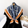 Retro paisley square silk scarf in deep blue and orange worn as a stylish neck accessory - Orange Blue / 90cmx90cm