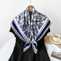 Classic white silk scarf with blue paisley pattern and elegant floral border design - Blue / 90cmx90cm
