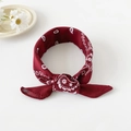 Close-up of burgundy cotton paisley bandana tied into a bow against white background - 50cm x 50cm / Burgundy