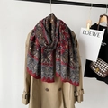 Detail of burgundy Paisley cotton linen scarf styled with a classic beige trench coat - Red Paisley Style (M8904)