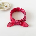 Close-up of a red cotton paisley bandana tied into a ring shape with a bow on white background - 50cm x 50cm / Magenta
