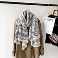 Detail of soft cotton linen scarf featuring vintage flower and bird prints on beige fabric - Blue (M8907)