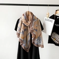 Detail view of retro equestrian pattern with metal chains and leather buckles on scarf - Coffee (M8908)