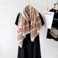 Close-up of elegant paisley pattern on soft cotton linen shawl in warm beige and gold - Coffee Paisley Style (M8904)