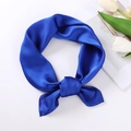 Glossy bright blue satin square scarf tied as a stylish hair tie or neckerchief - 70x70cm / Blue
