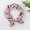Elegant champagne pink silk satin square scarf tied in a classic decorative bow shape - 70x70cm / Khaki
