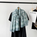 Detail of lightweight cotton linen scarf featuring teal geometric and floral shell patterns - Green (M8905)