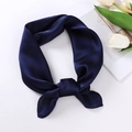 Navy blue satin silk square scarf elegantly knotted with floral props on white background - 70x70cm / Navy Blue