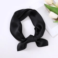Elegant plain black satin square scarf featuring smooth silk luster and knotted texture - 70x70cm / Black
