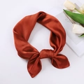 Caramel satin square scarf tied in a bow with a smooth silk-like glossy finish - 70x70cm / Brown Red
