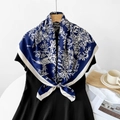 Navy blue square silk scarf with white floral and bird prints and cream piping - Blue White Bird