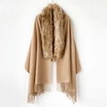 Detail of camel shawl cape featuring luxury faux fur collar and long fringe tassel hem - MZP009 / Khaki