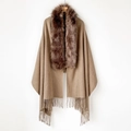 Detail of camel wool blend cape with brown faux fox fur collar and elegant tassel trim - MZP009 / Light Coffee