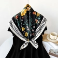 Elegant 90cm black satin square scarf with yellow floral prints and vine border - Black Floral