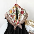Retro floral 90cm square silk scarf with brown border styled on a black dress - Coffee Floral