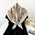 Baroque style silk scarf with gold floral patterns and Greek fret border on black fabric - Baroque White