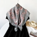 Elegant dark grey square silk scarf with pink baroque floral patterns and Greek fret border - Baroque Gray