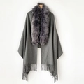 Deep grey cashmere-style shawl with faux fox fur collar and elegant tassel hem - MZP009 / Gray