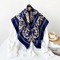 Navy blue and champagne gold floral silk scarf with Greek key border styled on shirt - Baroque Blue