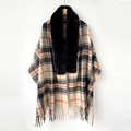Plaid cashmere-like shawl with black faux fur collar and fringe hem for winter - Beige Plaid