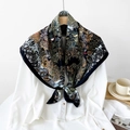 Floral print 90cm square silk scarf in navy blue tied on a white shirt collar - Multi-color Floral Print