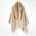 Women's beige faux fox fur collar pashmina shawl with fringe trim for winter - MZP009 / Beige