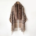 Brown plaid cashmere shawl with luxury faux fur collar and fringe tassels for women - Khaki Plaid