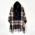 Women's plaid shawl with black faux fur collar and fringe trim in grey check - Black Plaid