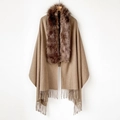 Winter women's warm camel cashmere-like shawl with fluffy brown faux fur collar and tassels - MZP009 / Light Coffee