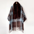 Women's brown plaid shawl with a thick faux fur collar and tassel hem for winter - Coffee Plaid