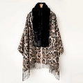 Chic leopard print shawl with black faux fur collar and long fringe trim details - Leopard Beige