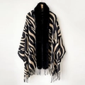 Elegant zebra striped shawl with black faux fur collar and fringed hem for winter - Zebra Black Beige