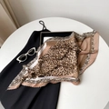 Pleated leopard print small scarf with geometric brown pattern and stylish crinkle texture - Khaki Leopard