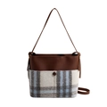 Sac seau vintage en cuir marron et laine à carreaux bleu-gris avec bandoulière - Carreaux Bleus