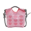Bolso rosa con corazones bordados en damero y asas tejidas en blanco y negro de moda - Rosa