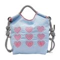 Bolso tote de lona azul claro con bordados de corazones rosas y correa de cuerda espiral - Azul Lago