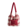 Bolso tote de felpa de invierno con cuadros rojos y blancos y asas rojas suaves - Cuadros Rojo Blanco / Rojo